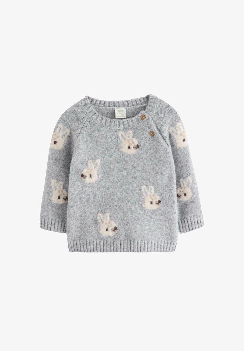 Pull bébé gris tricoté avec motif de visages de lapins blancs, poignets et ourlet côtelés, et deux boutons marron près de l'encolure côté droit.