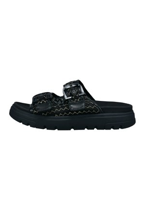 Čierna šmykľavá šľapka s dvoma nastaviteľnými prackami a hrubou textúrovanou podrážkou, ozdobená vzorovaným prešívaním na popruhoch.