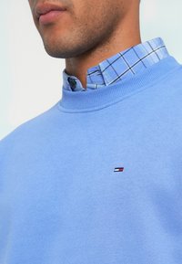 Svetlo modrý bavlnený sweatshirt s rebrovaným výstrihom, kombinovaný s modrou károvanou košeľou s golierom a zapínaním na gombíky. Prítomný malý logový detail.