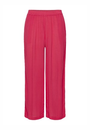 Pantalones de pierna ancha en rosa con una cinturilla elástica, fabricados con una tela suave y ligera y una textura lisa. Sin bolsillos visibles ni patrones.