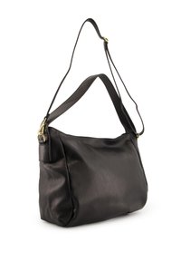 Schwarze Leder-Schultertasche mit strukturiertem Oberflächen, einem verstellbaren Tragegurt und einem schlichten Design. Verfügt über Akzente aus goldfarbenem Metall.