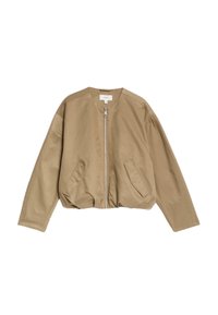 Veste bomber beige en matériau lisse et léger, avec une fermeture éclair à l'avant, deux poches latérales et un col arrondi avec des épaules tombantes.