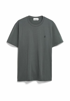 T-shirt grigia a maniche corte con scollo rotondo, realizzata in cotone morbido. Presenta un piccolo logo nero sul petto a sinistra.