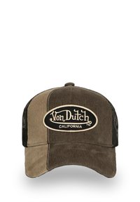 Casquette en corduroy marron et beige avec un dos en maille, ornée d'un patch ovale central portant "Von Dutch California" en couture crème.
