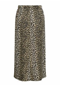 Sukně s leopardím potiskem a elastickým pasem, vyrobená z měkké látky. Má délku ke kolenům a kombinaci béžové, černé a hnědé barvy.