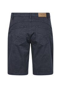 Mörkblå bomullsshorts med bakre yoke och dekorativ brodyr, som har två fickor i fram och en läderlogotyp vid midjan.