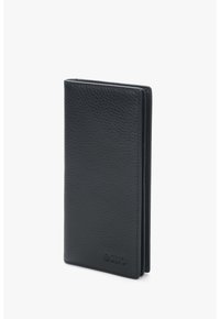 Black leather wallet with a textured finish, slim rectangular design, featuring a logo on the bottom front and neatly stitched edges.