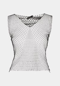 Czarny top z siateczki z dekoltem w serek, o luźnym, otwartym splocie i bez rękawów. Lekka faktura, widoczne przeszycia.