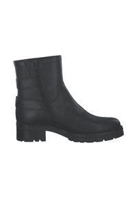 Stivaletto in pelle nera con cerniera laterale, suola chunky e cuciture decorative, progettato per un utilizzo casual o rugged.