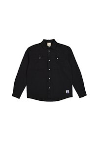 Zwarte lange mouwen button-up shirt met twee borstzakken, zilveren drukkers en een gebogen zoom. Heeft een label aan de onderzijde aan de linkerkant.