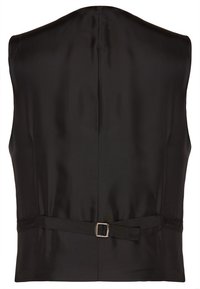 Schwarze Satinweste, ärmellos mit glatter Textur, ausgestattet mit einem Rückengurt und einer Schnallenverzierung, taillierte Passform und saubere Nähte.