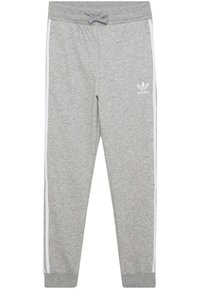 Šedé tepláky z měkké tkaniny, s bílými postranními pruhy, elastickým pasem se šňůrkou a malým logem na levé nohavici.
