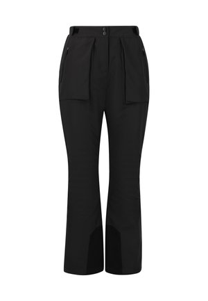 Mustat, kevyet housut, joissa on suora istuvuus. Ominaisuuksina kaksi etutaskua, sileä pinta ja nappikiinnitys vyötäröllä.