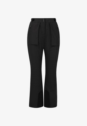 Schwarze, leichte Hose mit geradem Schnitt. Verfügt über zwei Fronttaschen, eine glatte Textur und einen Knopfverschluss am Taillenbund.