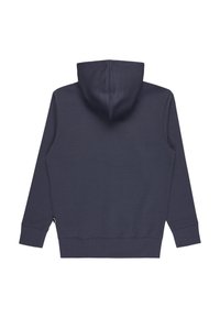 Granatowy hoodie o miękkiej teksturze, z kapturem na sznurki, ściągaczami przy rękawach oraz zamykaną na zamek kieszenią z boku, wyświetlany z tyłu.