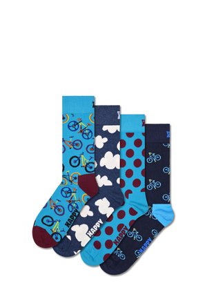 Vier Paar Baumwollsocken: leuchtend blau mit Fahrradmotiv, marineblau mit Wolken, marineblau mit Punkten und dunkelblau mit Fahrradumrissen.