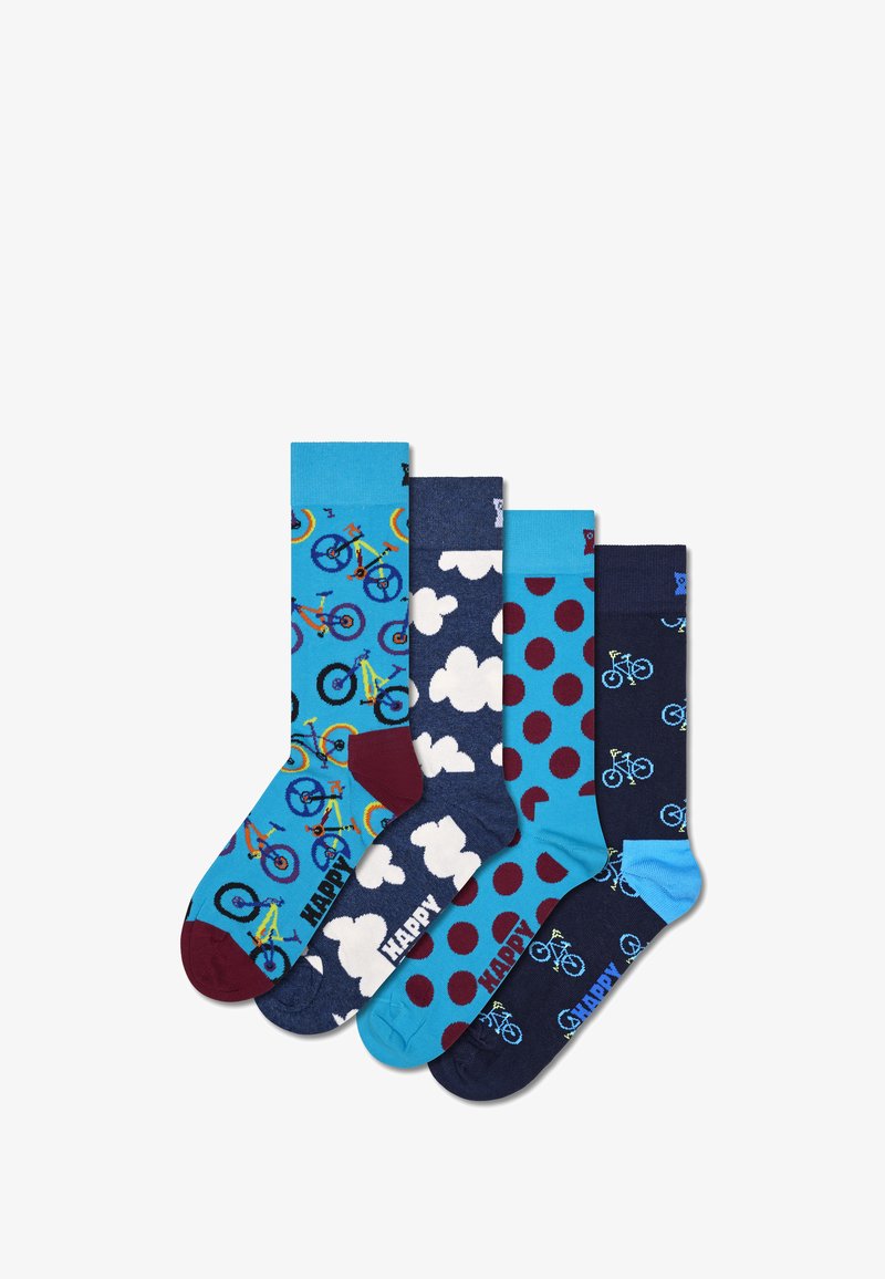 Čtyři páry bavlněných ponožek: jasně modré s potiskem kol, tmavě modré s mraky, tmavě modré s puntíky a tmavě modré s obrysy kol.
