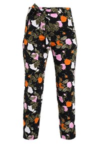 Pantalons fleuris avec un fond noir, ornés de roses roses, orange et blanches, de feuilles vertes, d'une taille nouée et d'une coupe fuselée.