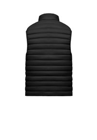 Zwarte gewatteerde vest met hoge kraag, horizontale quilt en zonder mouwen. Soepele textuur met een minimalistisch ontwerp.
