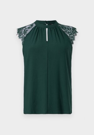Blusa sin mangas en verde oscuro con detalle de encaje en los hombros y un pequeño cierre de botón en la parte delantera. Diseño simple y elegante.