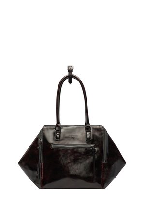 Schwarze glänzende Lederhandtasche mit zwei langen Henkeln, vordere Reißverschlusstasche und seitlichen Reißverschlussdetails.
