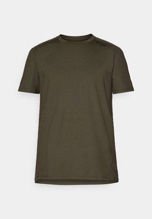 Olive green short-sleeve t-shirt made from soft, lightweight fabric. Features a round neckline and subtle logo detail on the shoulder.