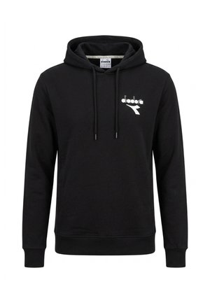 Felpa nera con cappuccio, maniche lunghe, tasca a marsupio frontale, coulisse regolabili e logo Diadora bianco sul petto.