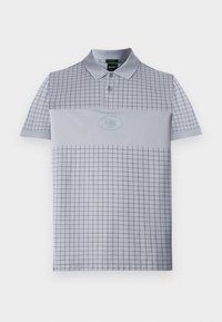 Hellgraues Poloshirt mit Karomuster, zwei Knöpfen und einem runden Logo. Hergestellt aus einem glatten, atmungsaktiven Stoff.