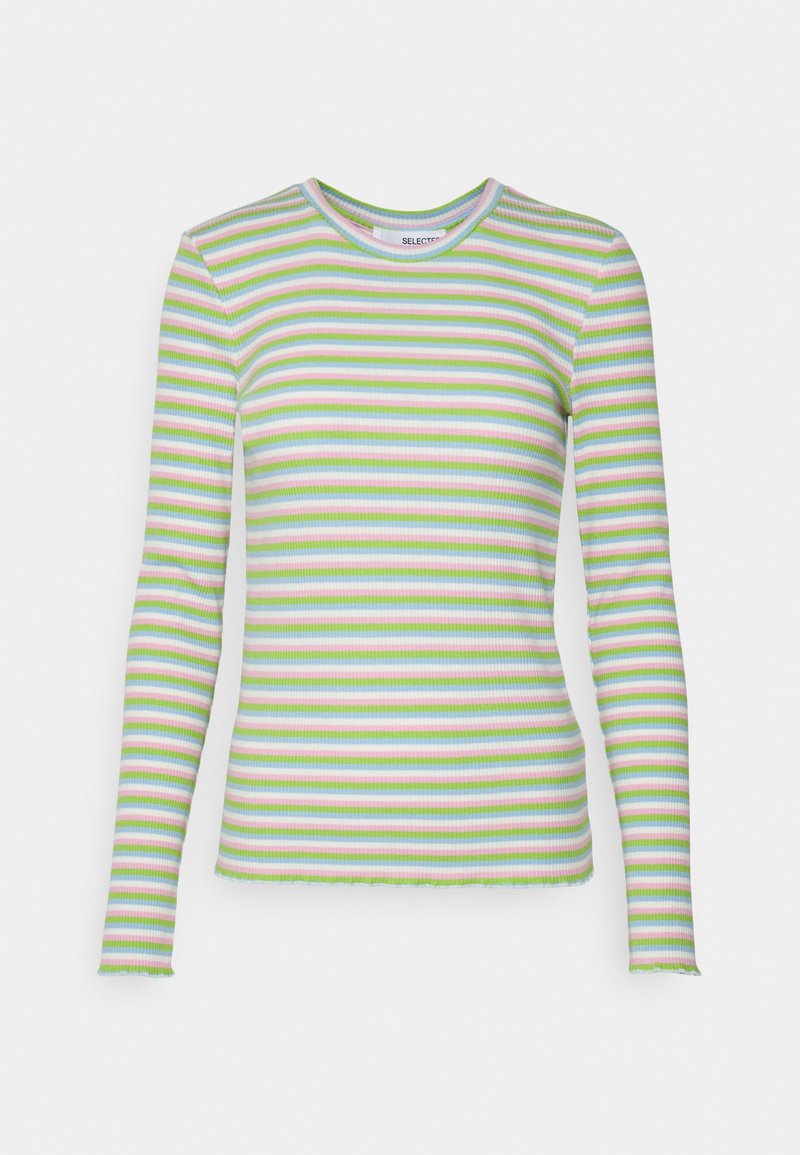 Langmouw shirt met een geribbelde textuur en groene, roze en witte horizontale strepen. Ronde hals en rafelige zoomdetail.