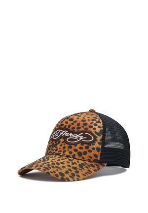Leopardikuosi baseball-lippis, jossa musta verkkotausta ja valkoinen "Ed Hardy"-logo etupaneelissa.