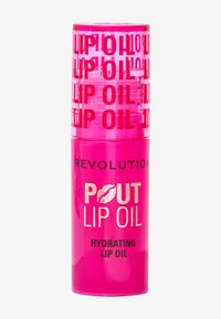Contenitore di olio labbra cilindrico rosa con sezioni trasparenti, testo in grassetto che legge "POUT LIP OIL" e "HYDRATING LIP OIL", caratterizzato da dettagli di impronta di bacio.