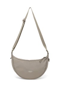 Beige crossbody bag with a semi-circular shape, smooth fabric, adjustable strap, and a zippered compartment at the top with logo detailing.