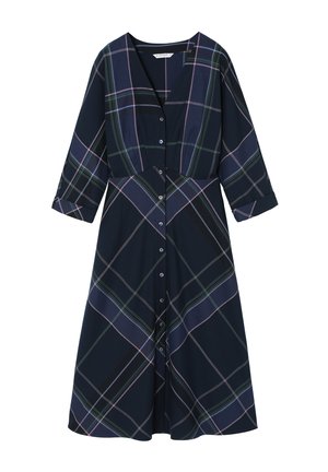 Marineblå rutet kjole med trekvartlange ærmer, V-hals, frontknapper og en flagrende skørt med mønstre i grønne og pastelpink.