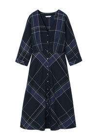 Robe chemise marine à motifs à carreaux avec des lignes rose pâle et verte. Elle présente des manches trois-quarts et un devant boutonné.