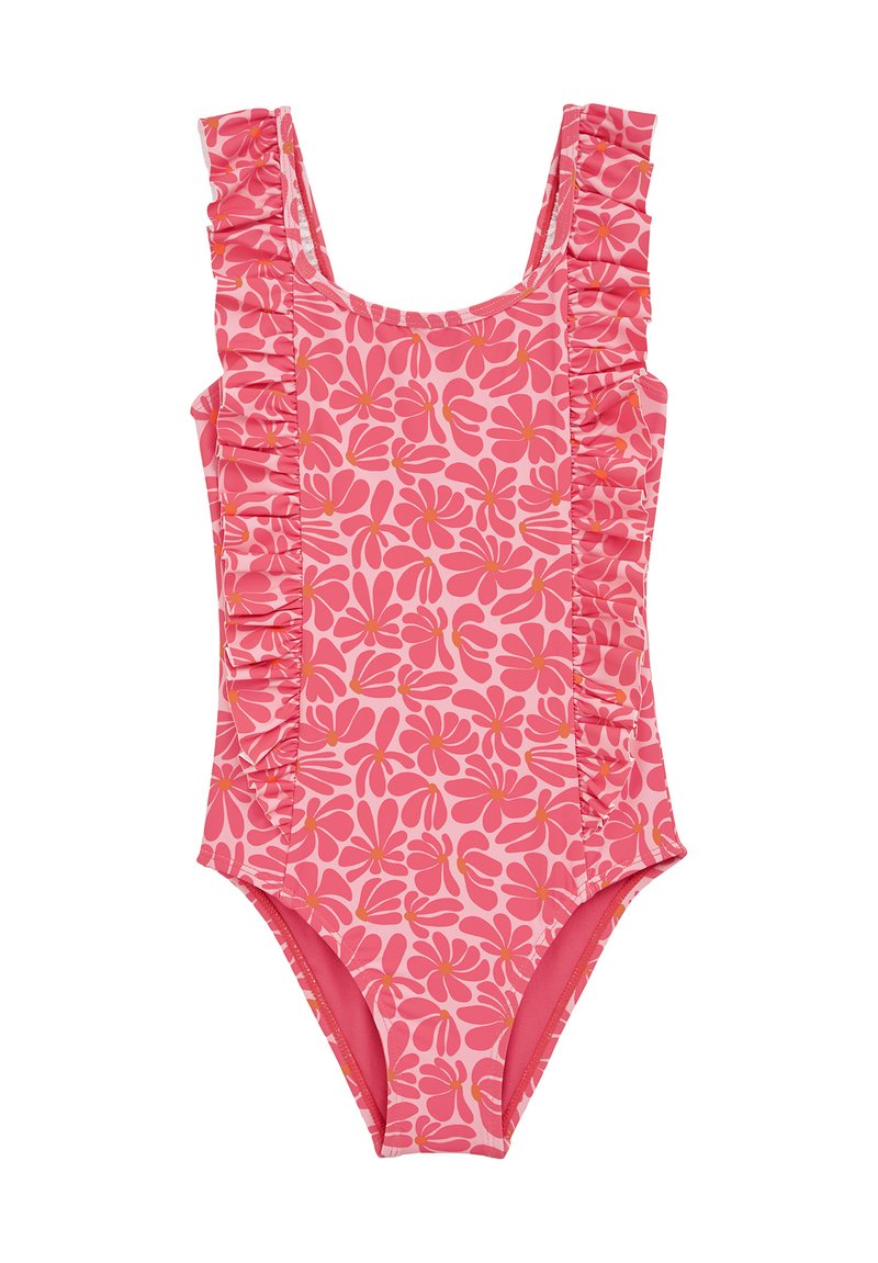 Rozā viengabala peldkostīms ar ziedu rakstu, kas piedāvā kroku plecu lences un gludu tekstūru. Dizains ietver dažādas rozā un oranžas nokrāsas.
