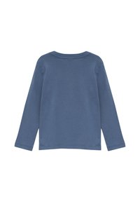 Langarmshirt aus einem weichen, strukturierten blauen Stoff. Mit Rundhalsausschnitt und einfacher Naht entlang dem Saum und den Ärmelabschlüssen.