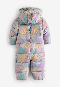 Gepolsterter Kinder-Schneeanzug in Pastellfarben mit floralem und tierischem Print. Mit einer mit Fell besetzten Kapuze und Druckknopfverschluss.
