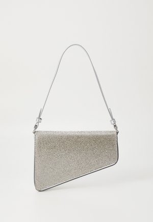 Clutch bag with a triangular shape, covered in silver mesh fabric. Features a thin, adjustable strap and metallic hardware accents.