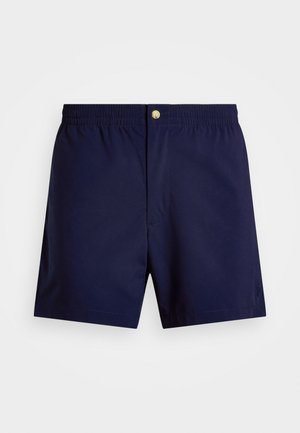 Marine svømmeshorts laget av lett stoff, med elastisk midjebånd og frontknapp-åpning. Ingen mønstre eller ekstra detaljer merket.
