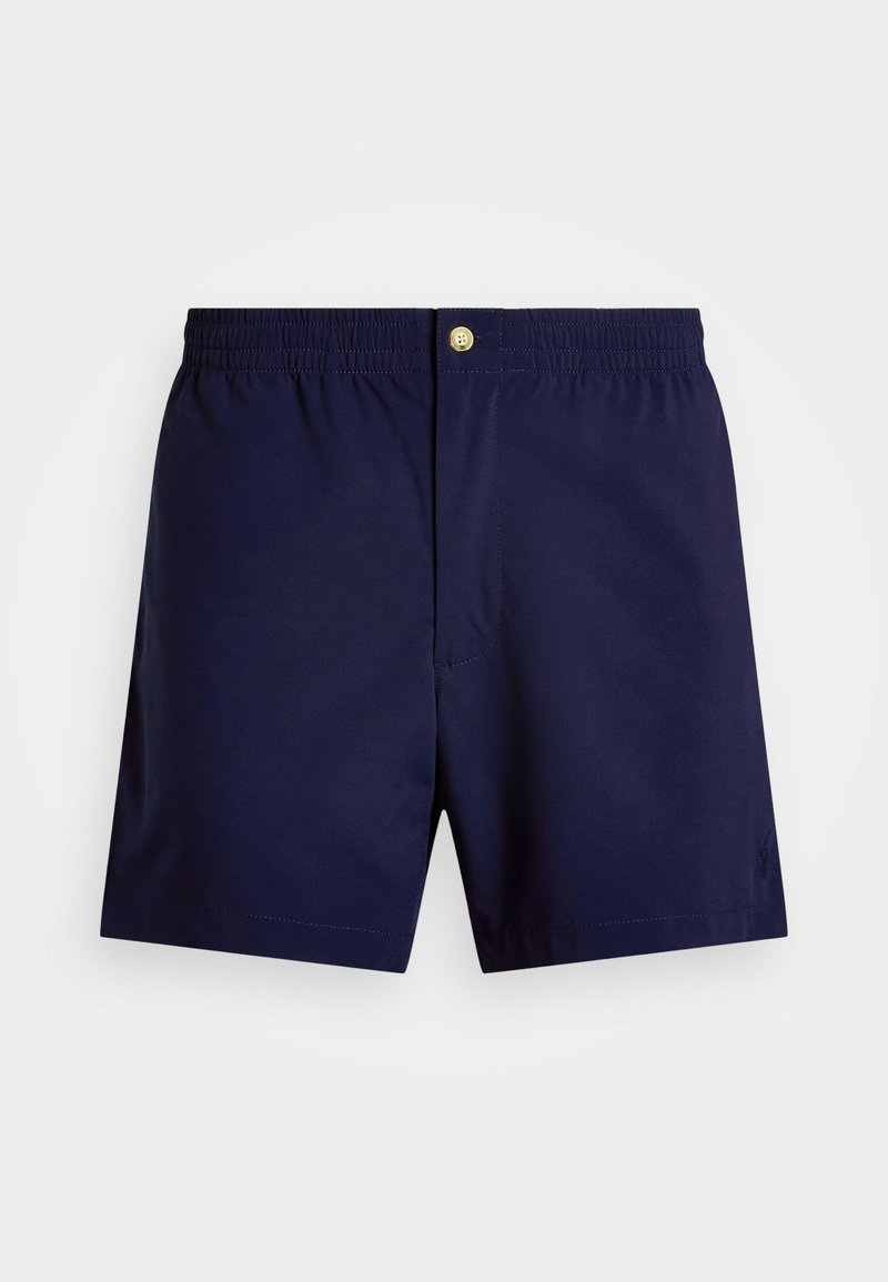 Costum de baie navy dintr-un material ușor, cu talie elastică și închidere frontală cu nasture. Fără modele sau detalii suplimentare menționate.