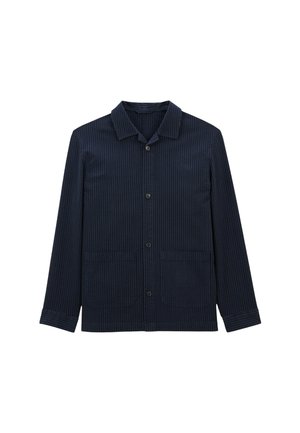 Veste bleu marine avec des rayures verticales, col montant, fermeture à boutons à l'avant et deux poches latérales, en tissu texturé.