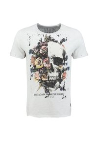 Weißes T-Shirt mit Grafik eines Halb-Schädels, halb Blumenstrauß und dem Text "Steh wieder auf aus der Asche" am unteren Rand.