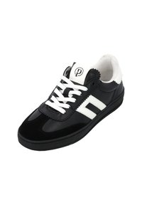 Black sneaker with white accents, made of leather and suede. Features a round toe, white laces, and a logo on the tongue.