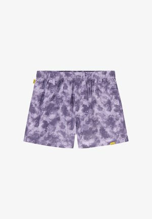 Elastische shorts met paars-grijs tie-dye patroon en kleine gele merktekens aan de linkerkant en onderzoom.