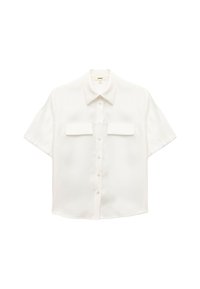 Short-sleeve white shirt made of smooth fabric with a button-down front, two chest pockets, and a classic collar.