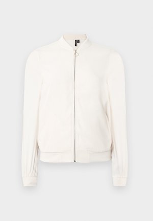 Long-sleeve white bomber jacket with front zipper and ribbed cuffs, collar, and waistband, displayed on a white background.