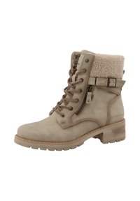 Botte à cheville beige en cuir lisse avec une doublure en fourrure douce, un design solide à lacets, une fermeture éclair sur le côté et un talon épais pour la stabilité.
