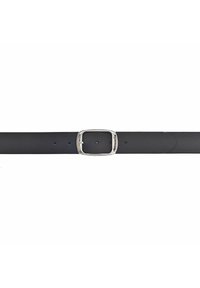 Ceinture en cuir noir avec une boucle en métal argenté rectangulaire, comportant plusieurs trous pour les ajustements et une texture de surface lisse.