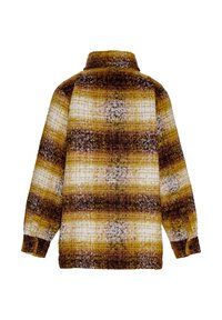Rutig skjorta i bruna och gula nyanser, med krage, långa ärmar och knäppbara manschetter; tillverkad av textilier i vävd struktur.