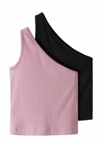 Deux crop tops côtelés : un rose clair et un noir, avec un col asymétrique et une coupe ajustée. Texture douce et élasticité moyenne.
